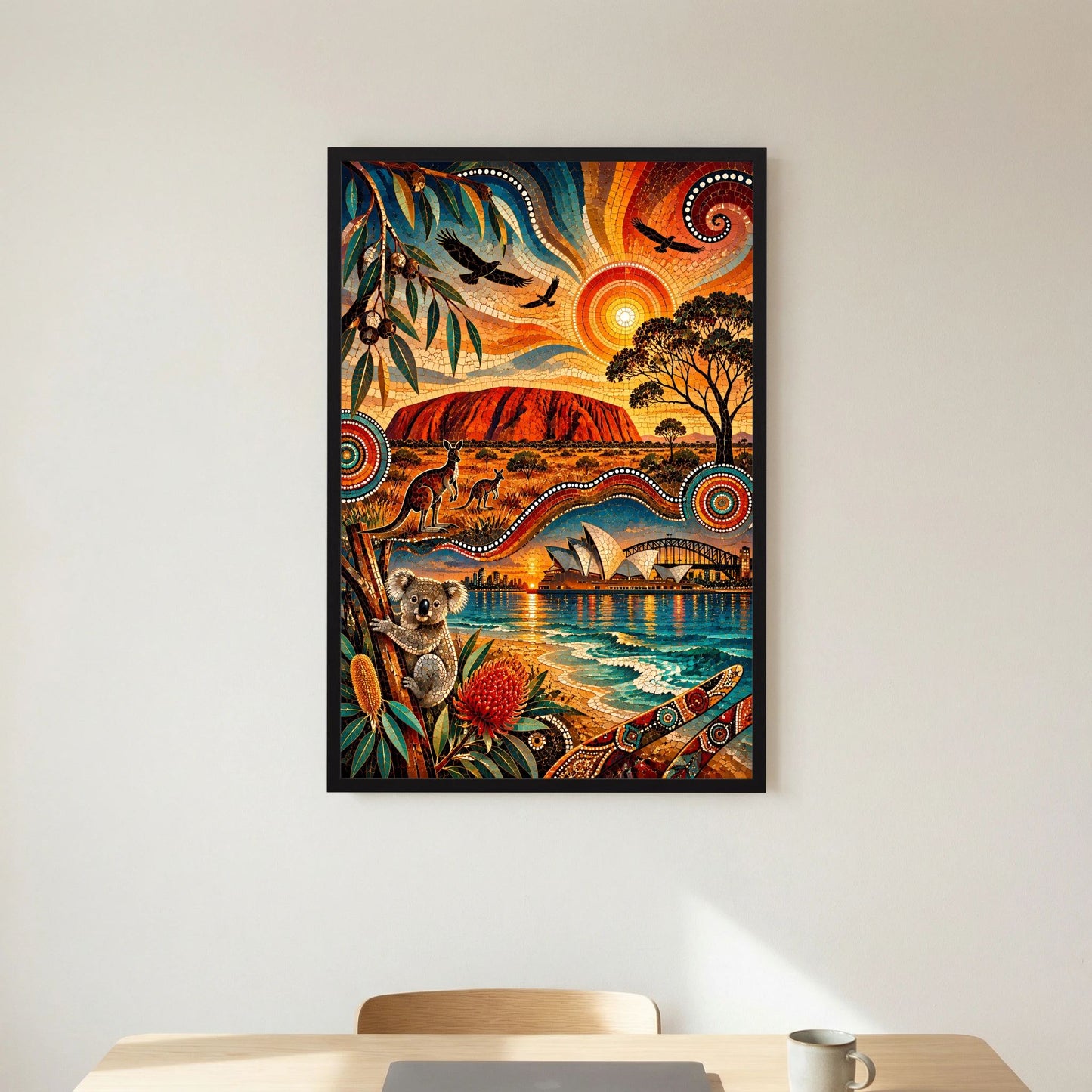 Australien Mosaik | Uluru, Kängurus, Koala & Sydney im Aboriginal-inspirierten Stil | Poster Hochformat