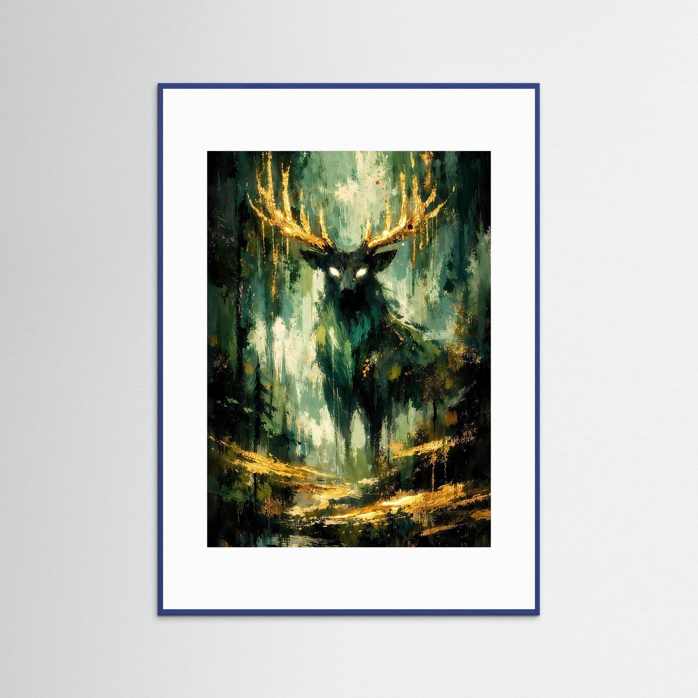 Hirsch-Kunstposter Hochformat mit blauem Rahmen, grünem Waldmotiv und goldenen Akzenten
