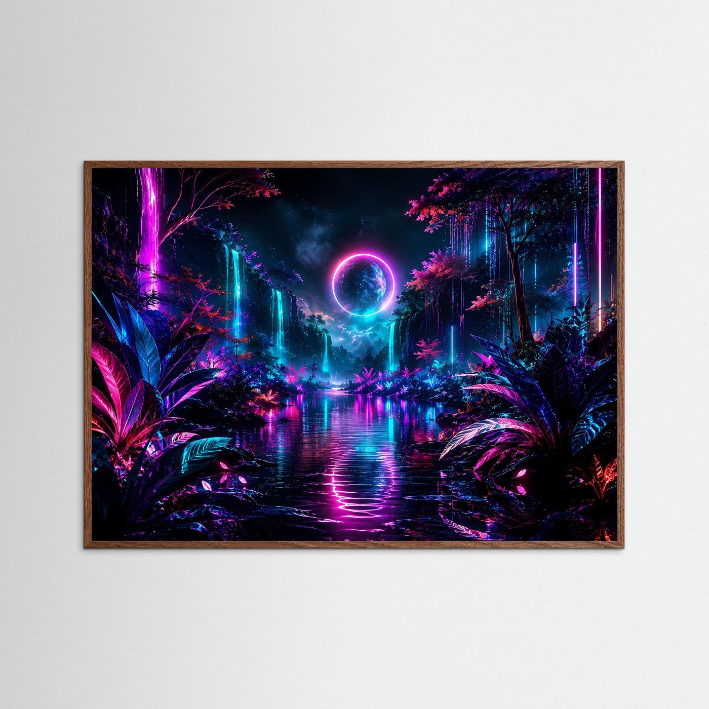 Neon Fantasy Landschaft Poster | Leuchtender Wasserfall Wandkunst | Futuristische Natur | Cyberpunk Landschaft in Pink & Blau