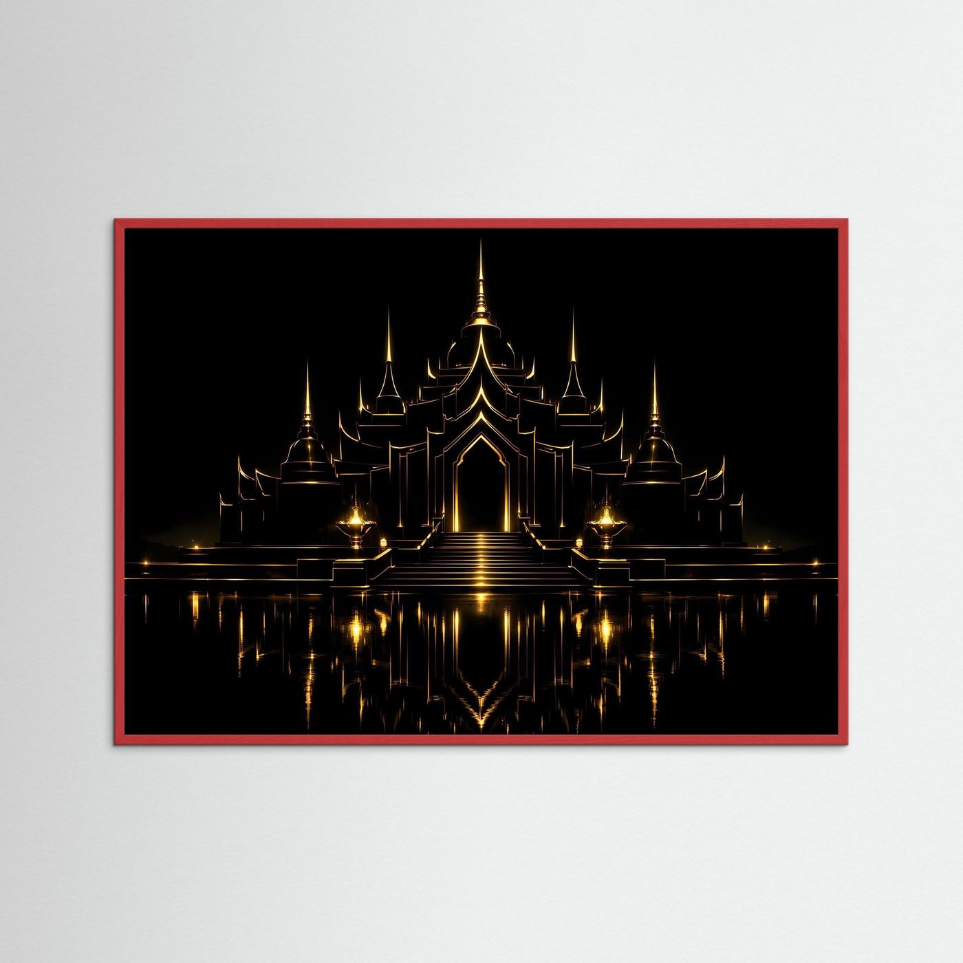 Poster mit goldener Tempelarchitektur, schwarzem Hintergrund, Spiegelbild, roter Rahmen.