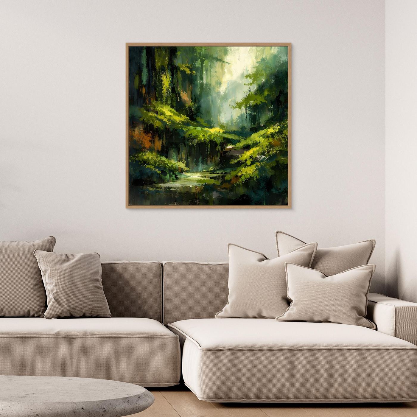 Wandbild mit abstraktem Dschungelpfad, grünes Waldmotiv, heller Holzrahmen