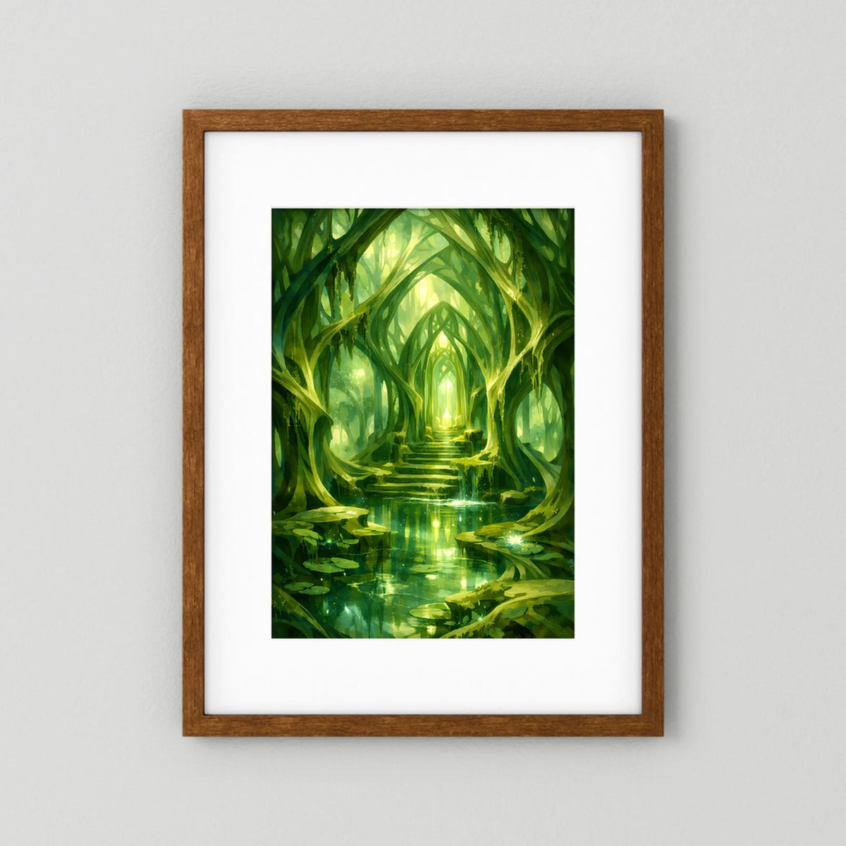 Kunstposter im braunen Holrahmen mit grünem Waldtempel-Motiv und leuchtendem Durchgang