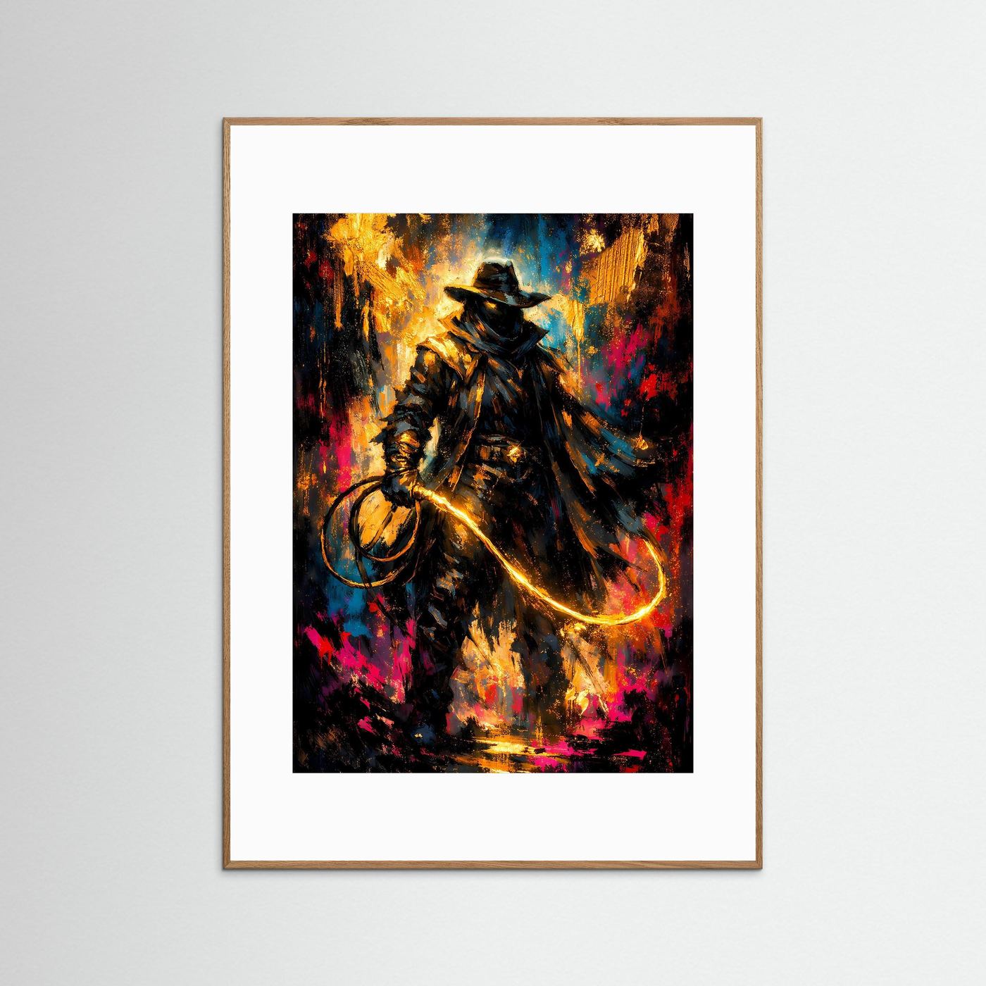 Cowboy-Poster im Hochformat mit goldener Peitsche, bunt abstraktes Motiv im hellbraunen Holzrahmen