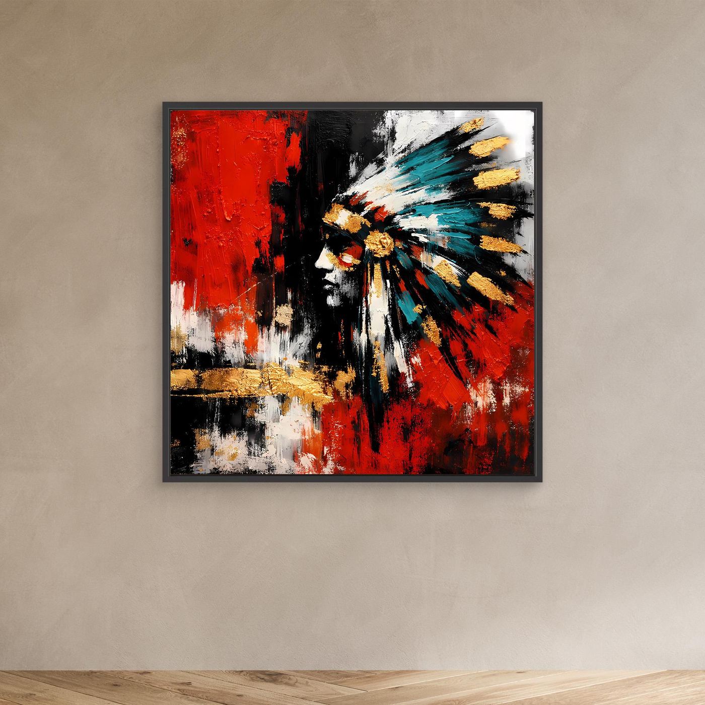 Gerahmtes Leinwand-Wandbild mit abstraktem Porträt in Rot, Schwarz und Türkis, schwarzer Rahmen
