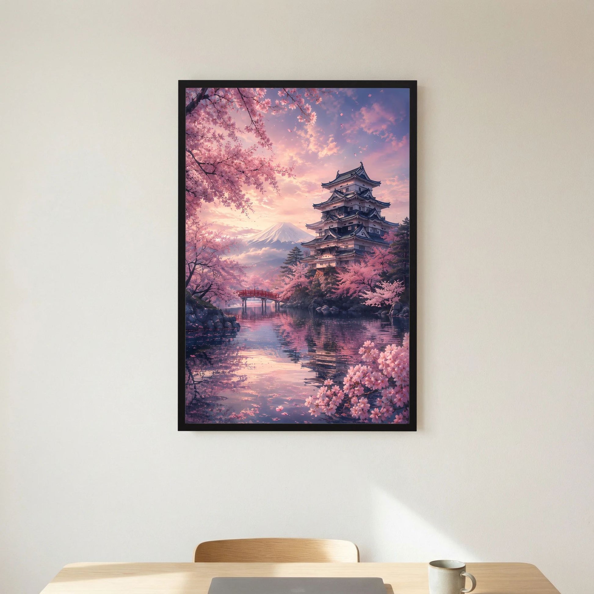 Hochformatiges Poster mit Sakura-Blüten und Tempelpagode im schwarzen Rahmen