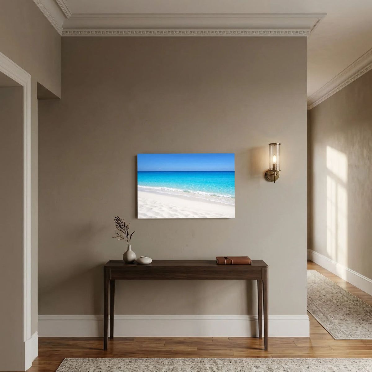 Querformat-Wandbild mit türkisblauem Meer und hellem Sandstrand