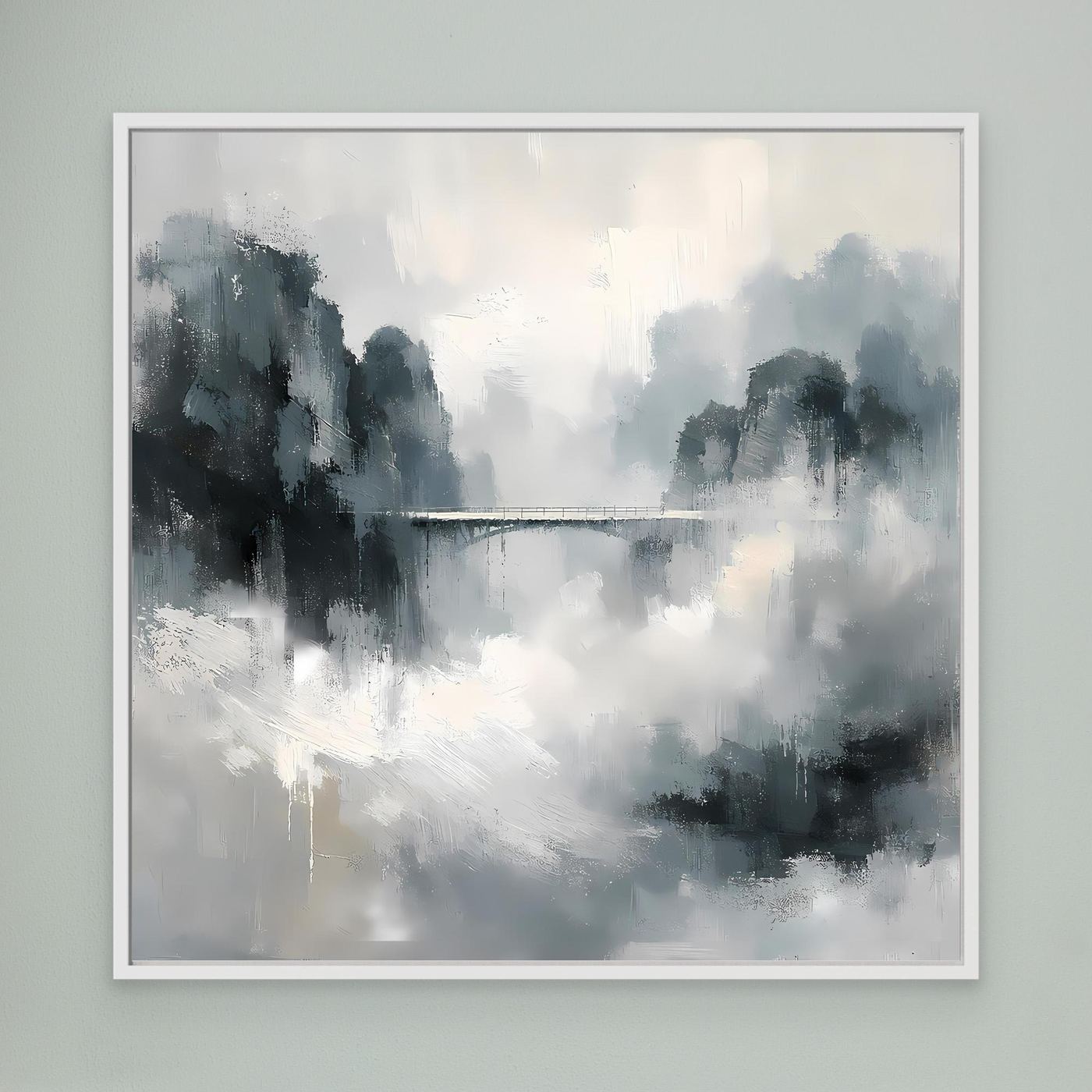 Leinwand Mystische Bergbrücke im Nebel | Abstraktes Natur Wandbild Grau