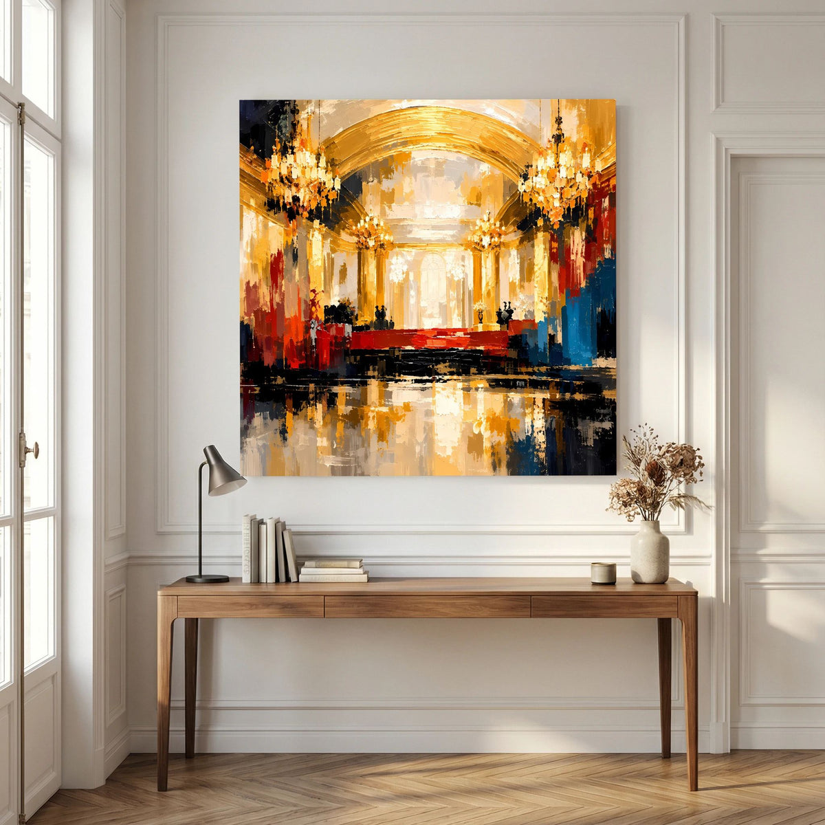 Leinwand Abstraktes Palast Saal Gemälde | Modernes Elegantes Wandbild Ballsaal Gold Rot