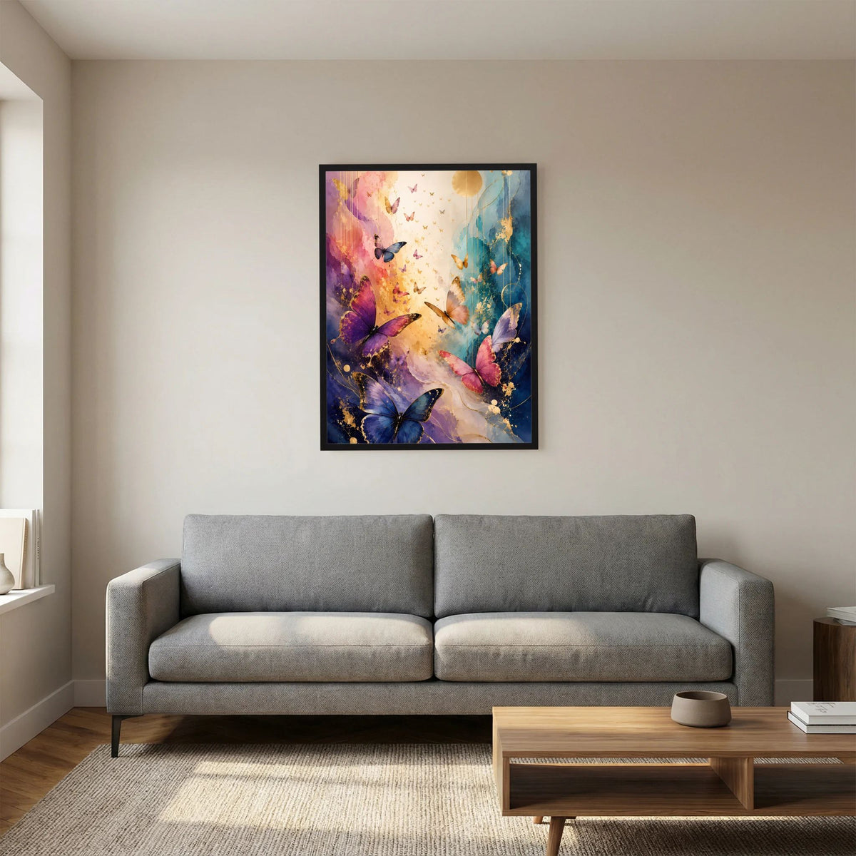 Hochformatiges Poster mit bunten Schmetterlingen in Blau und Rosa, goldene Highlights, schwarzer Rahmen