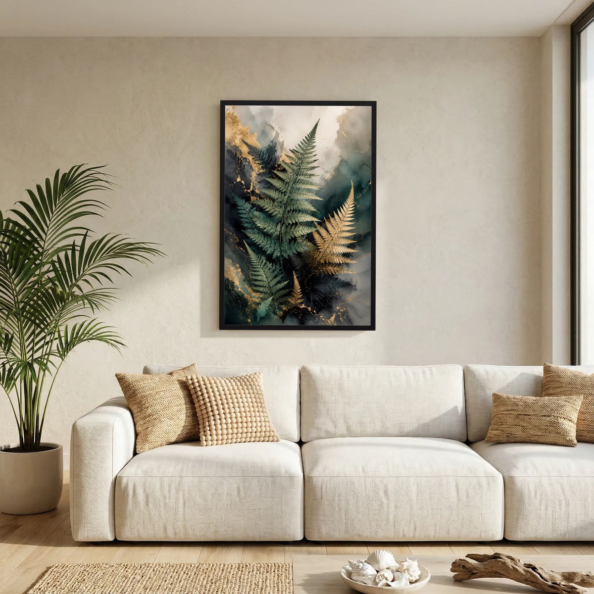 Edle Farnblätter in Grün & Gold | Botanische Kunst auf Marmoroptik | Poster Hochformat