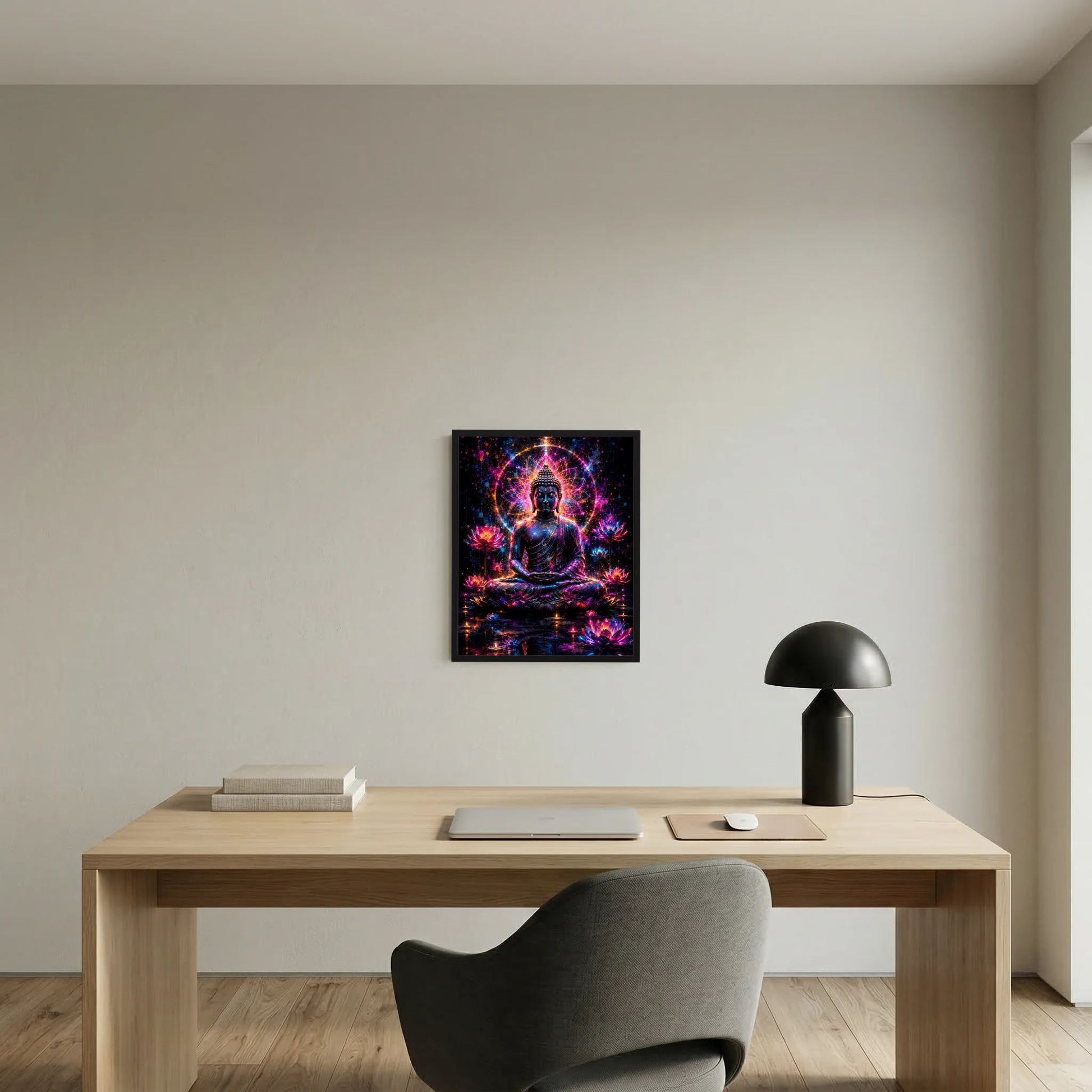 Wandposter mit sitzendem Buddha, farbiger Aura und Neon-Lotusblüten im schwarzen Rahmen