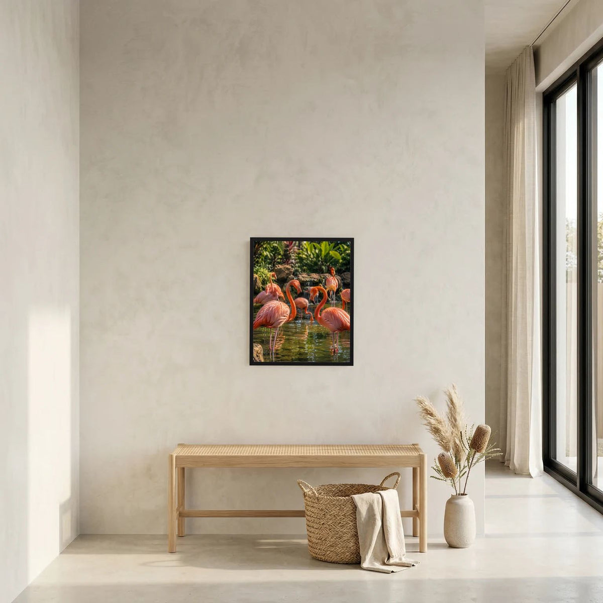 Wandkunst im Hochformat: kleines Poster mit rosa Flamingos im Teich und grünen Pflanzen