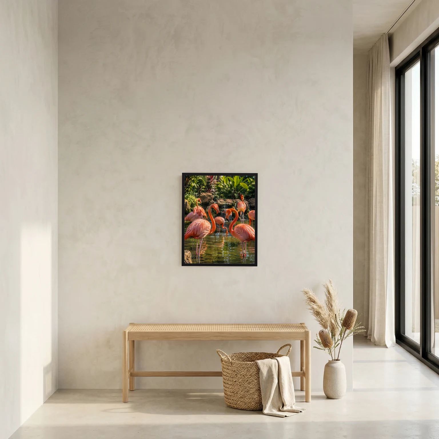 Wandkunst im Hochformat: kleines Poster mit rosa Flamingos im Teich und grünen Pflanzen