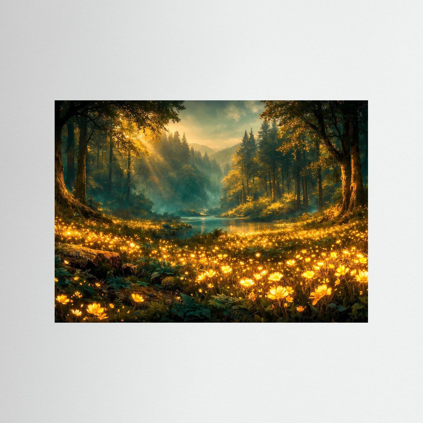 Wald-Wandbild-Poster mit goldenen Blumen im Morgenlicht, schwarzer Rahmen