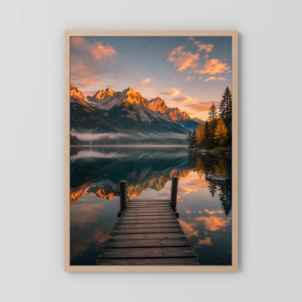 Hochformatiges Kunstposter mit hellem Holzrahmen: Holzsteg auf spiegelndem See im Abendlicht.