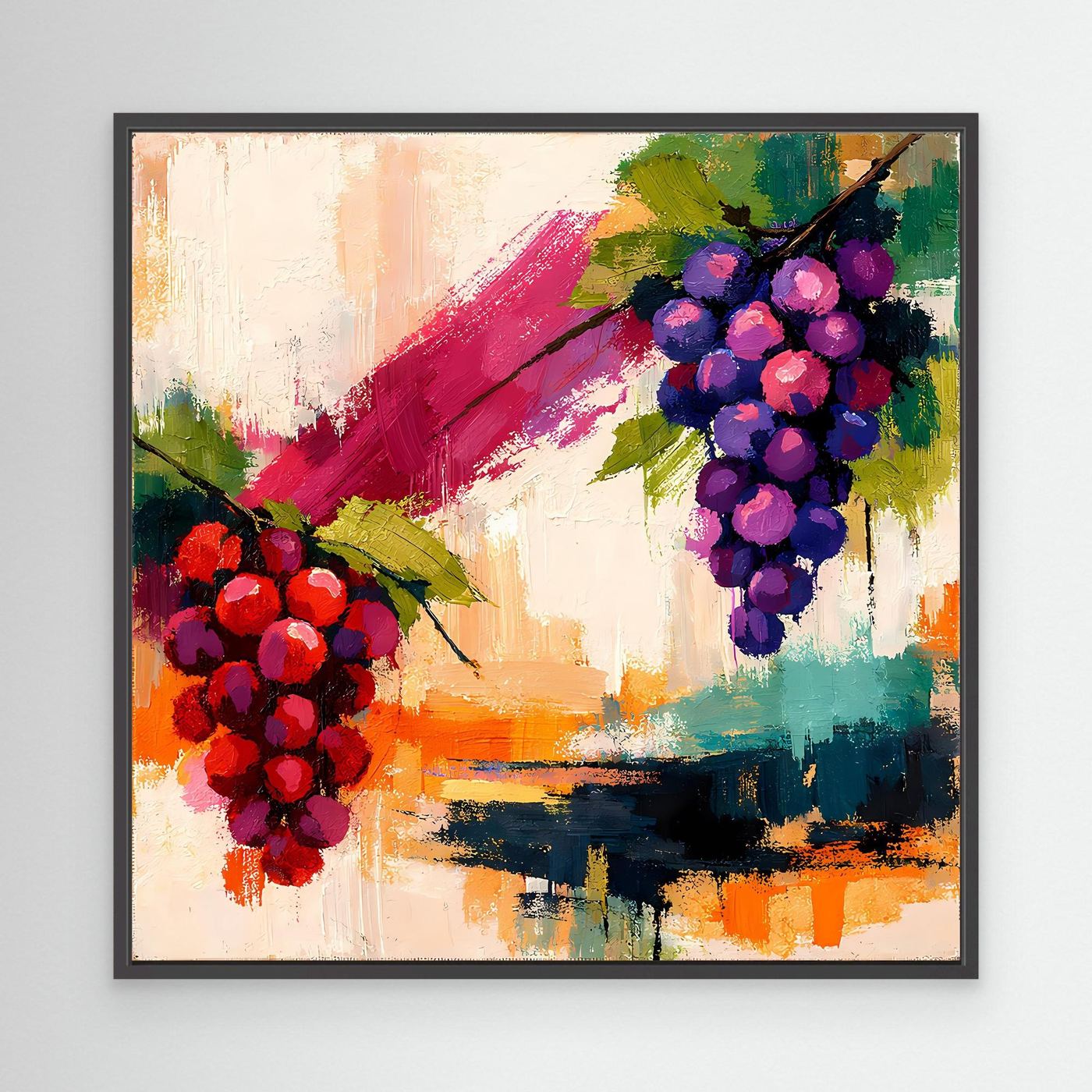 Black-framed abstract grape still life canvas with red and purple grape clusters