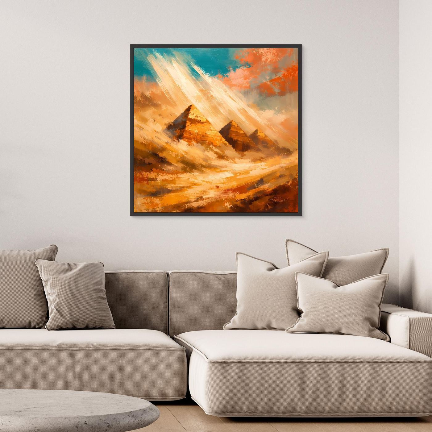 Leinwand-Wandbild mit abstrakten Pyramiden, warmes Orange und Türkis, mit schwarzem Rahmen