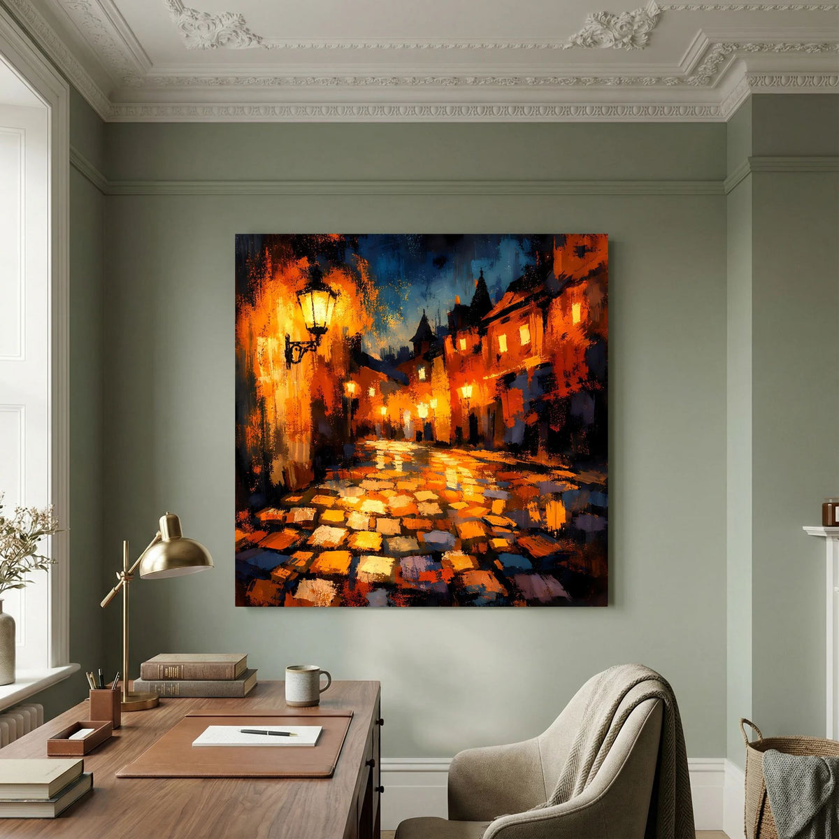 Leinwand Abstraktes Altstadt Gemälde | Modernes Romantisches Gassen Wandbild bei Nacht