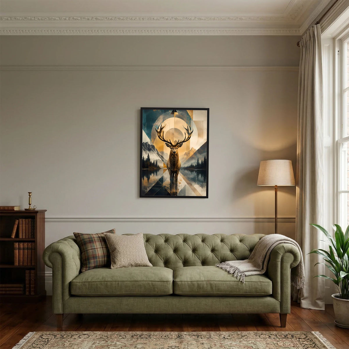 Gerahmtes Hochformat-Poster mit Hirschmotiv, geometrischer Berglandschaft in Blau und Gold