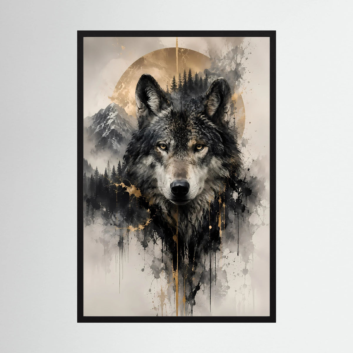 Gerahmtes Wolfposter mit schwarzem Rahmen, Wolfporträt in Schwarz-Gold