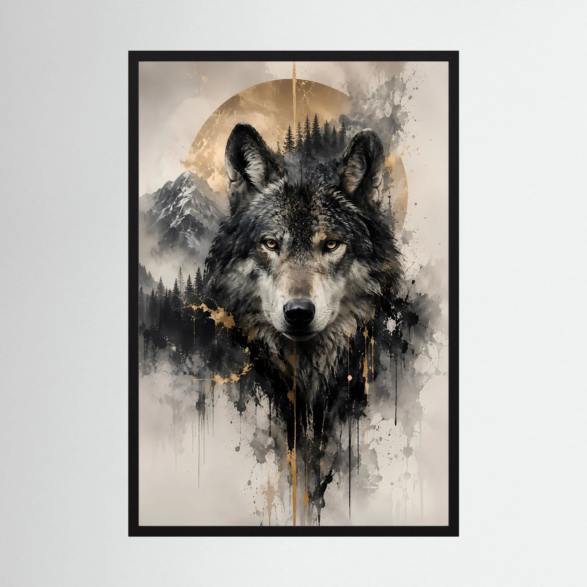 Gerahmtes Wolfposter mit schwarzem Rahmen, Wolfporträt in Schwarz-Gold