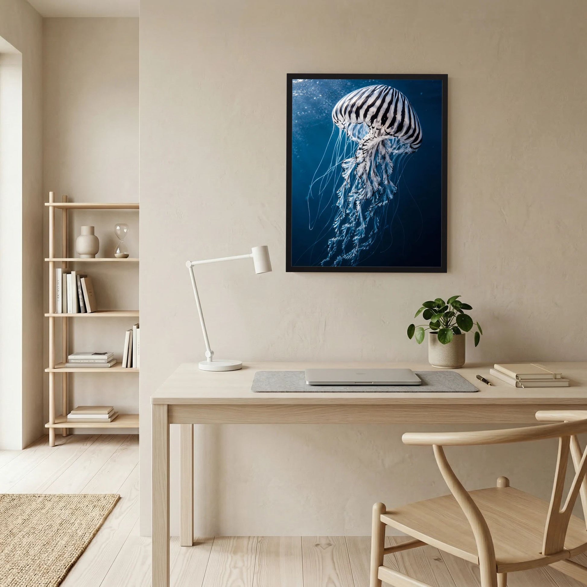 Poster mit Qualle im schwarzen Rahmen, vertikal: blaues Unterwasserbild mit feinen Lichtpartikeln