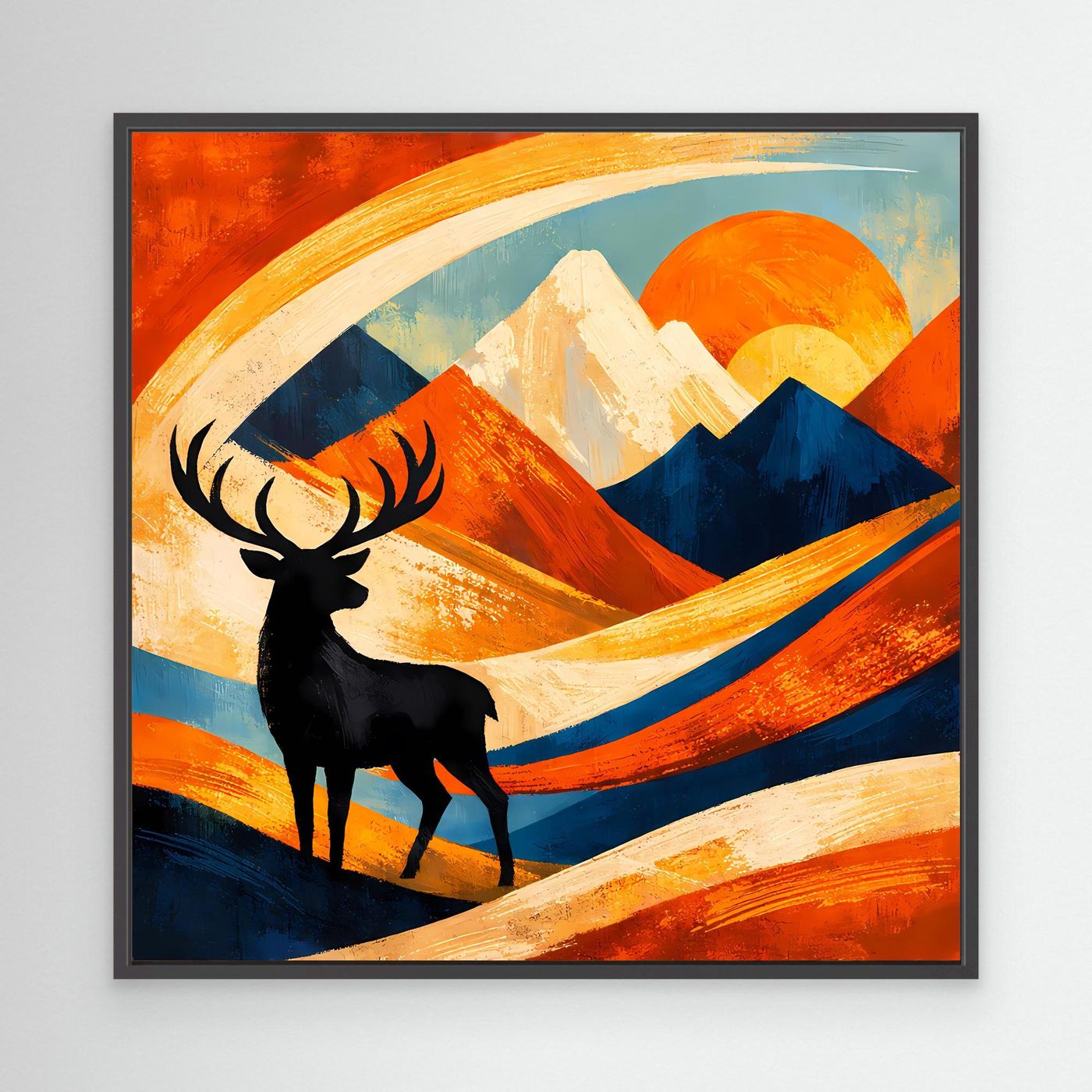 Schwarzes gerahmtes Leinwand-Wandbild mit Hirschsilhouette und abstrakten Bergen