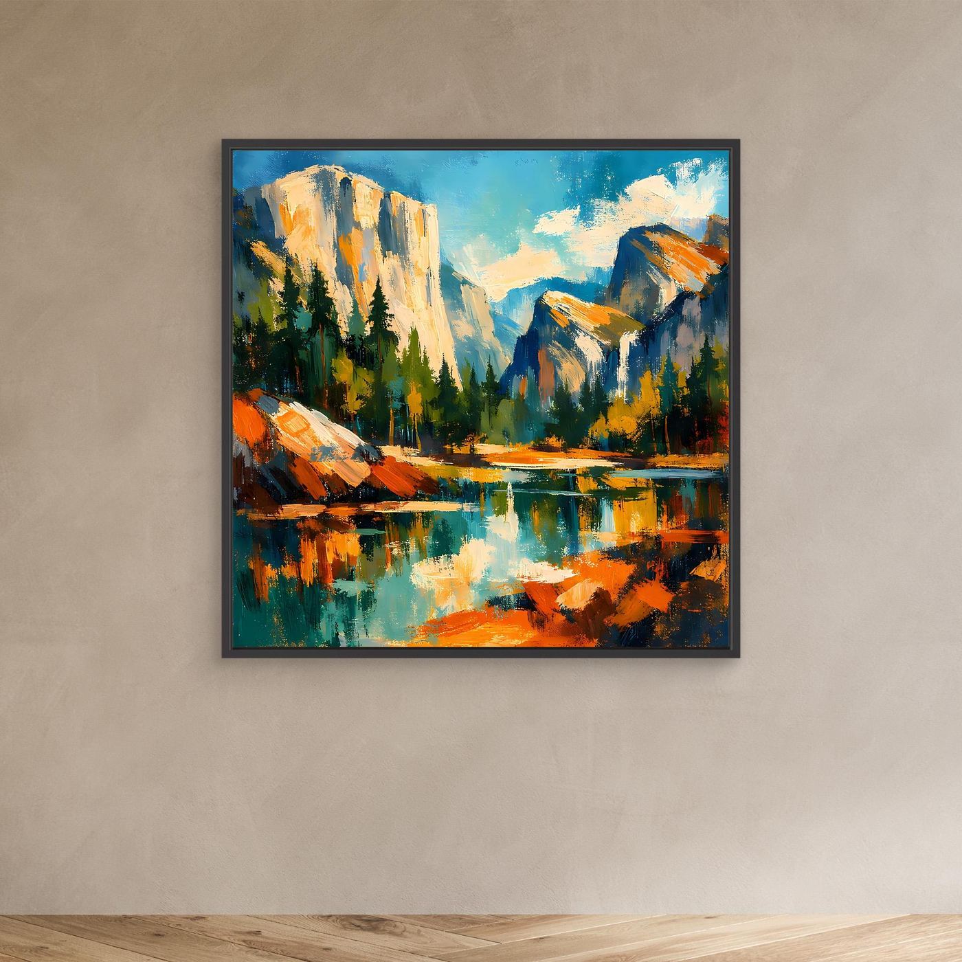 Leinwand-Wandbild mit Berglandschaft und See, schwarzer Rahmen