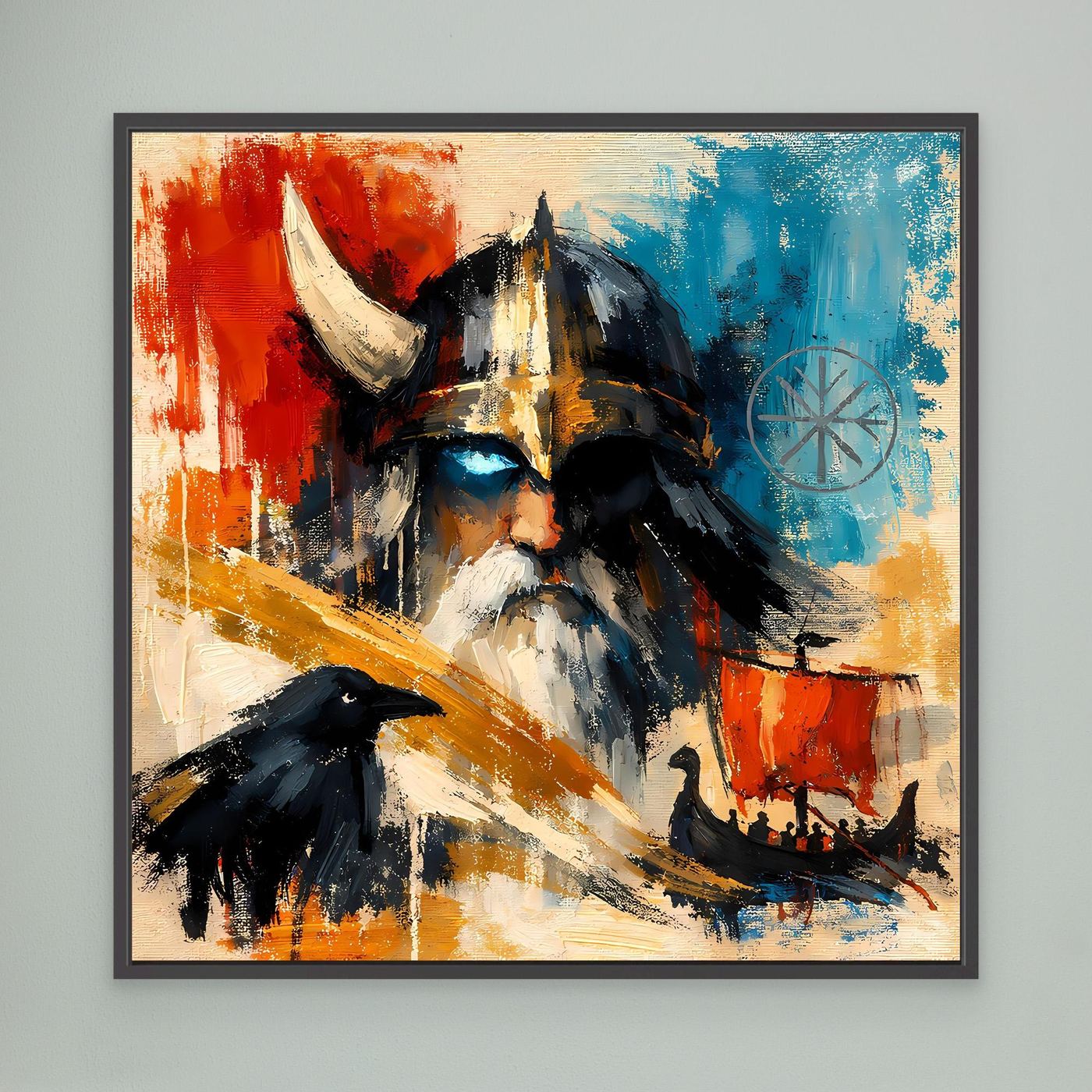 Abstract Nordic warrior wall art with raven, black-framed red and blue brush strokes