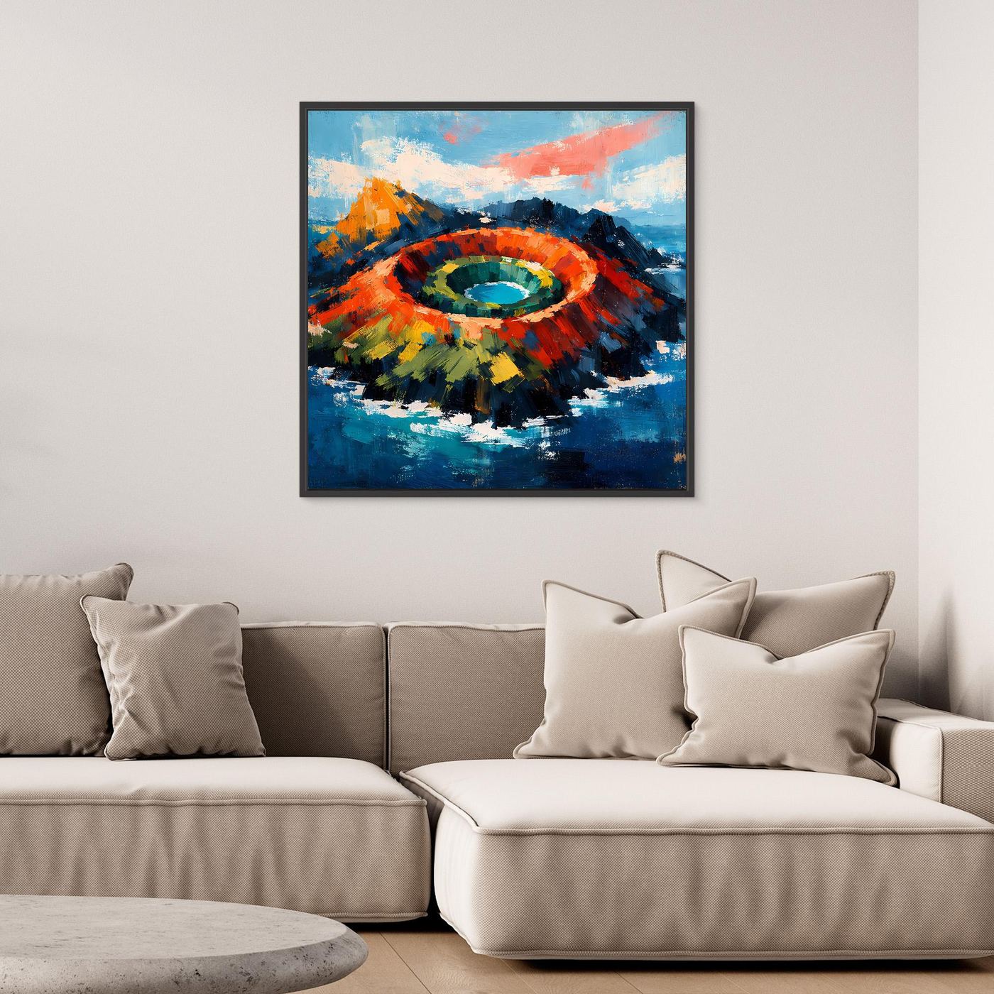 Abstraktes Leinwandbild mit Vulkankrater in Farbenmeer, mit schwarzem Rahmen
