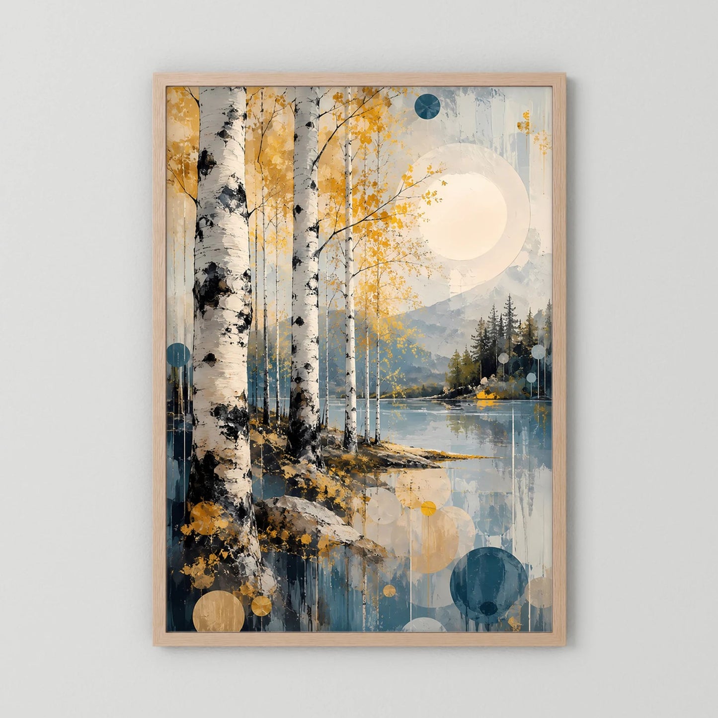 Hochformatiges Poster mit abstraktem Waldmotiv in Gold und Blau, heller Holzrahmen