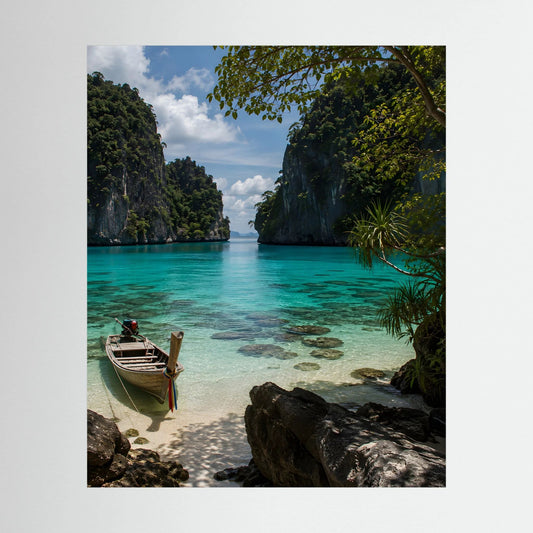 Landschaftsposter mit türkisblauem Meer, Felsen und Longtail-Boot, hochformat