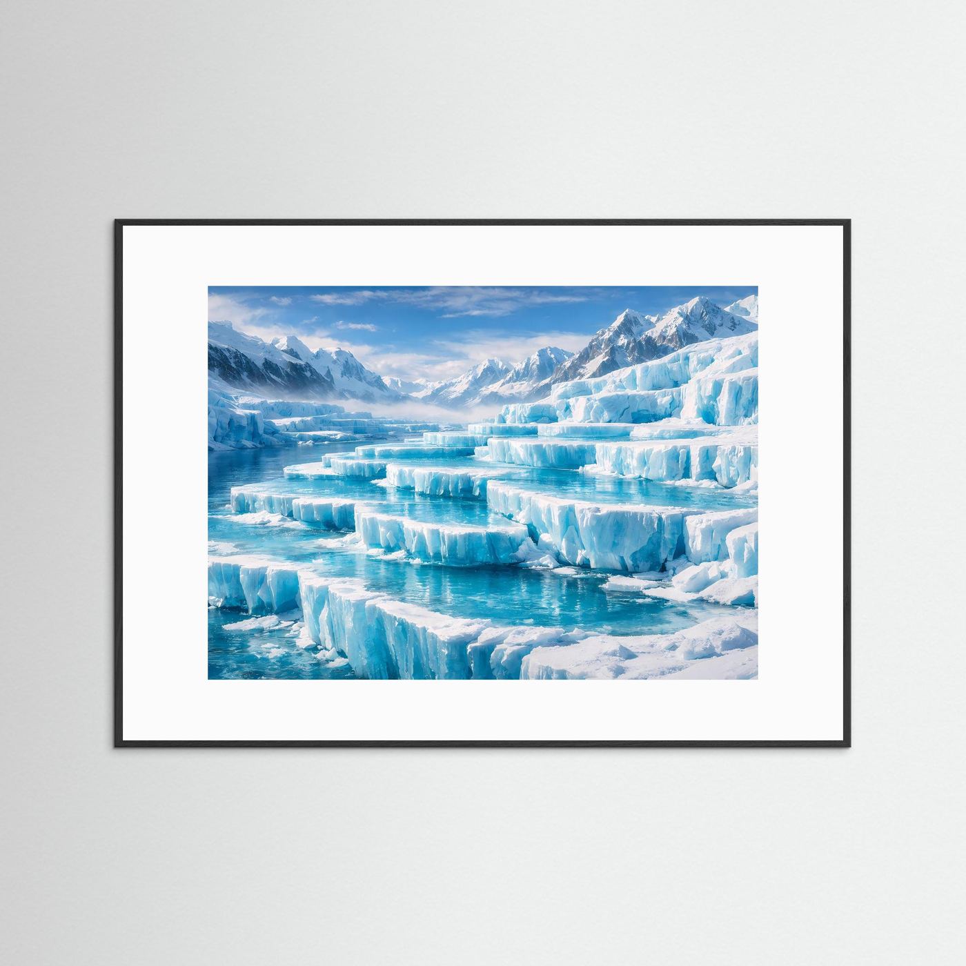 Wandbild mit Gletscherlandschaft: eisige Berge und blaues Eis, schwarzer Rahmen