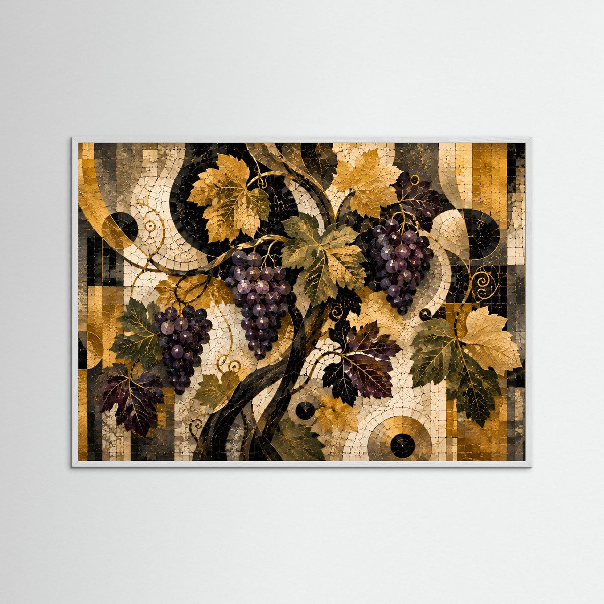 Poster mit abstrakter Mosaik-Grafik goldener Weinreben und Trauben im grauem Rahmen