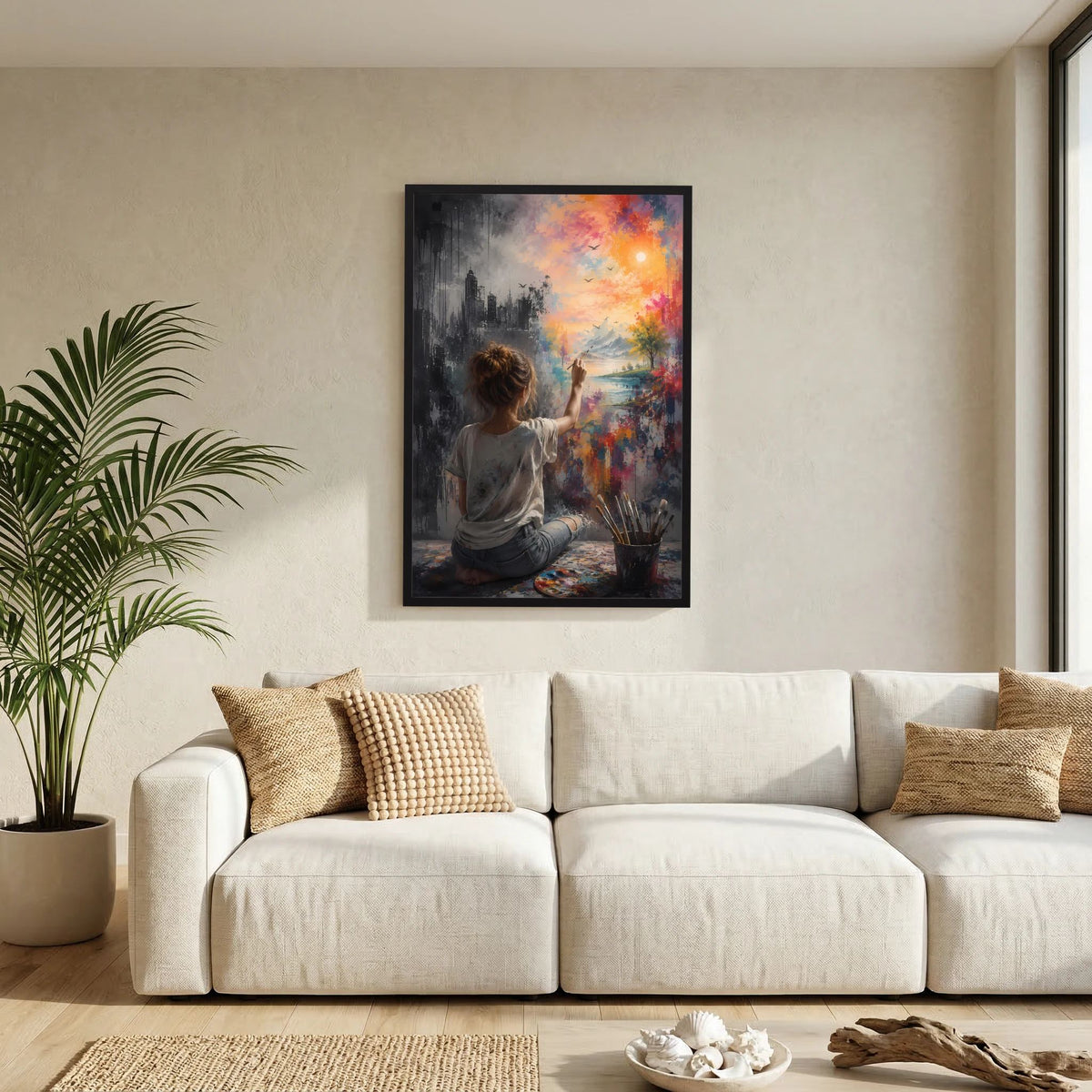 Hochformat-Poster mit schwarzem Rahmen an der Wand: Frau vor buntem Stadt-Natur-Motiv