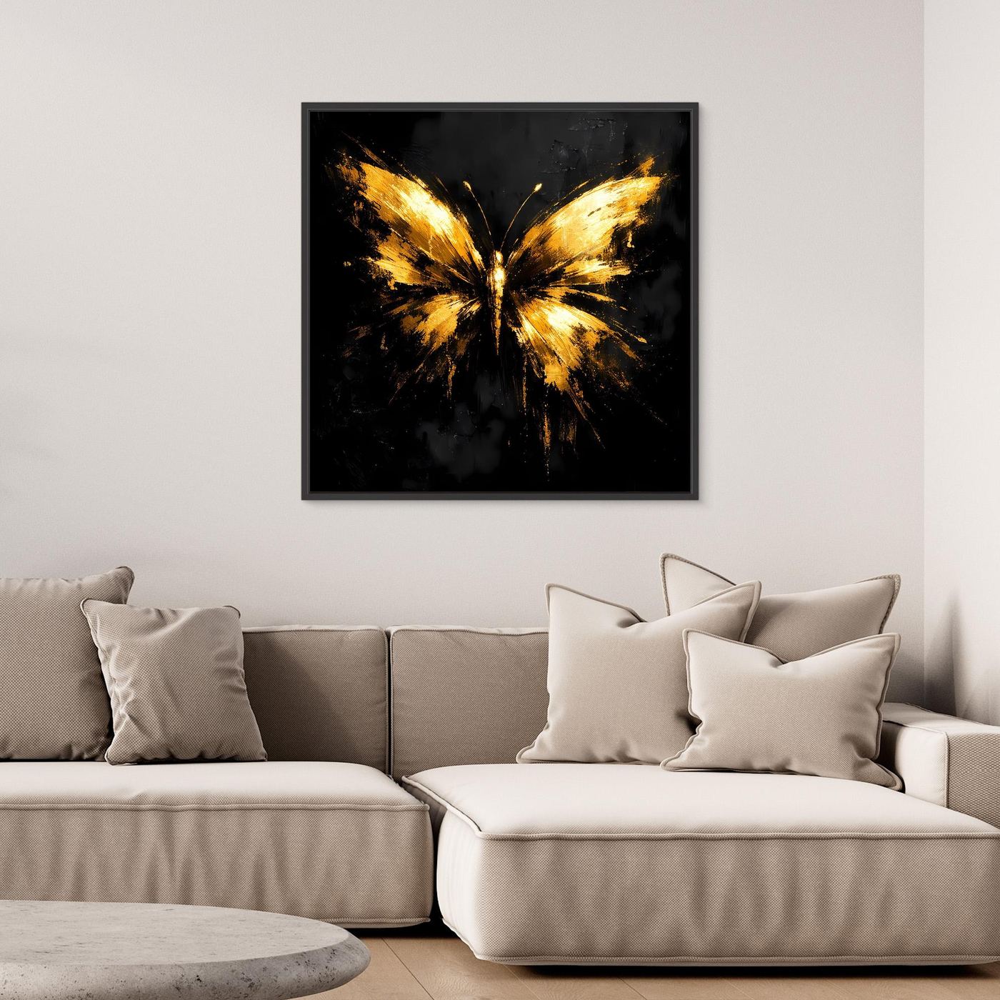 Leinwand Goldener Schmetterling auf Schwarz | Abstraktes Luxus Wandbild