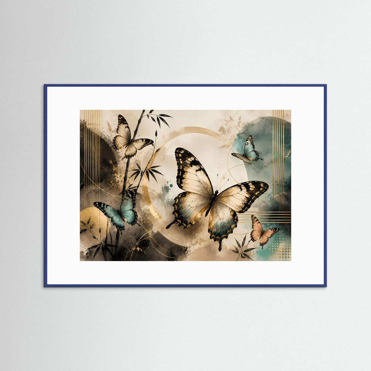 Gerahmtes Wandbild mit Schmetterlingen in Gold und Türkis, blauer Rahmen