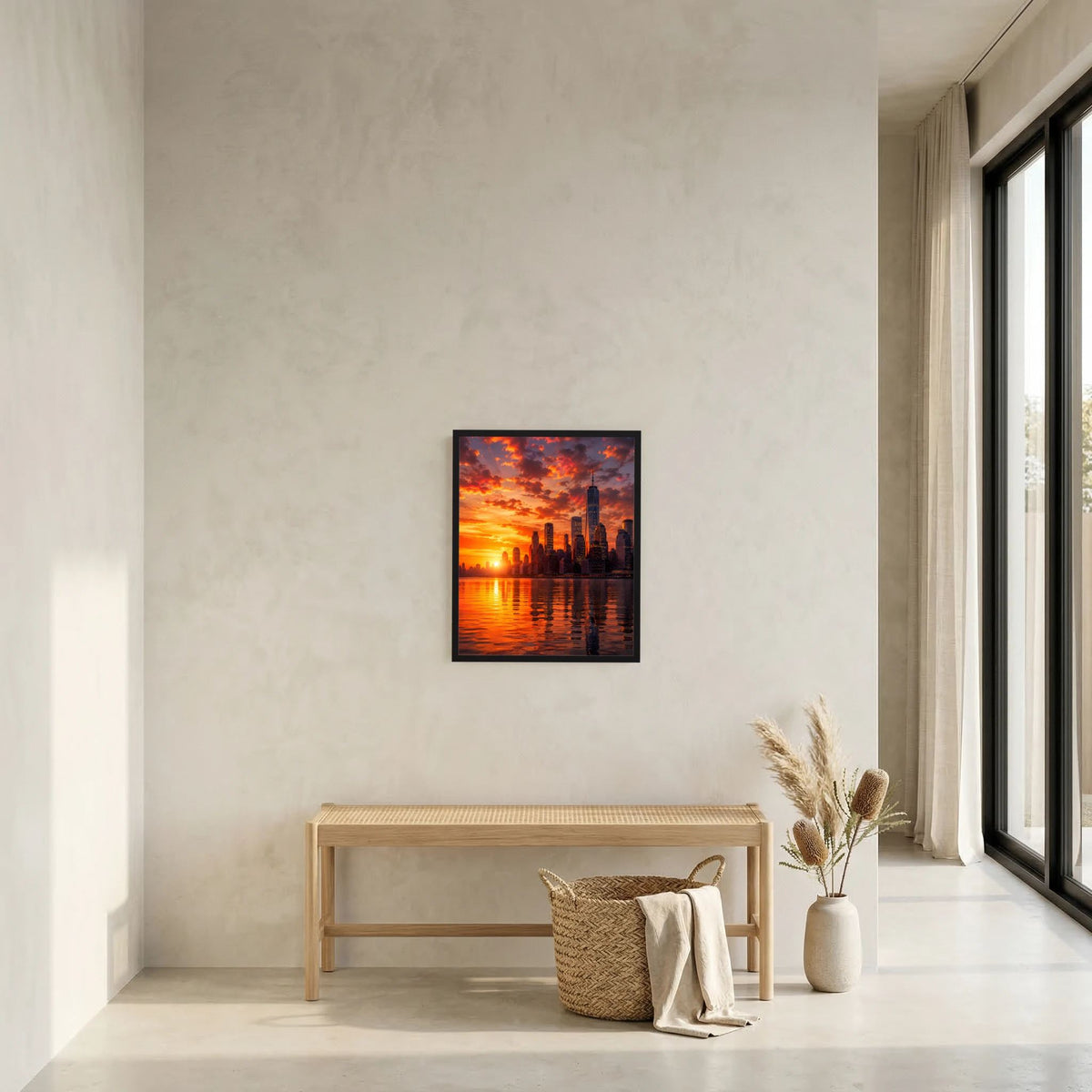 Gerahmtes Stadtposter mit dunklem Rahmen, Skyline bei Sonnenuntergang und Wasserreflexen