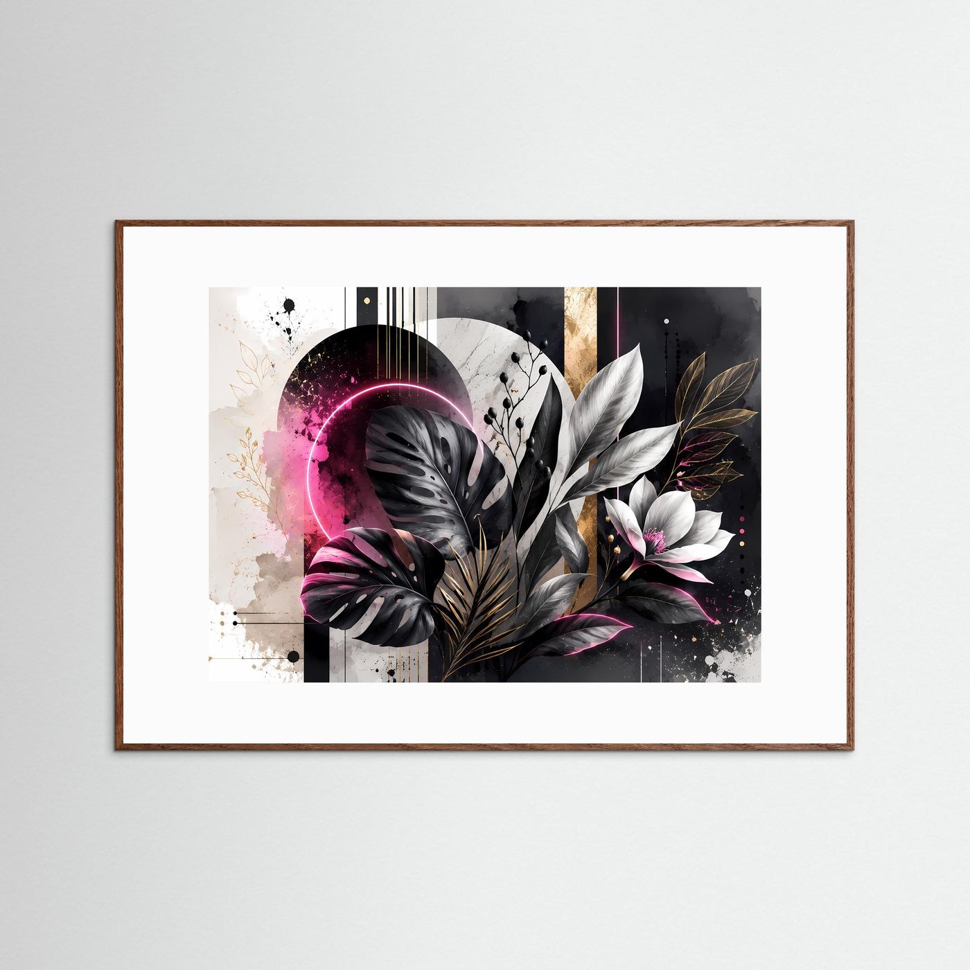 Abstrakte Botanik in Schwarz, Weiß & Pink | Monstera mit Neon & Gold – Moderne Wandkunst