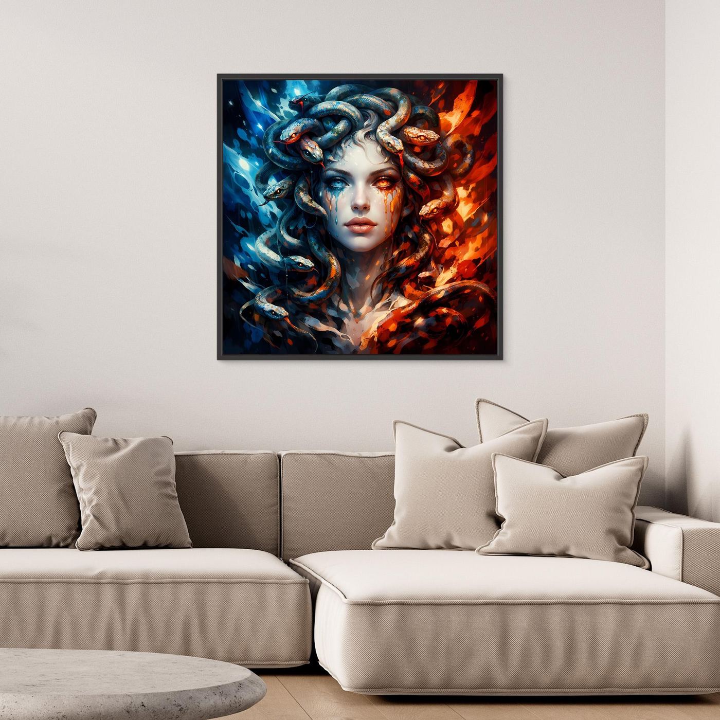 Leinwand Mystische Medusa im Feuer- und Eis-Kontrast | Modernes Fantasy Wandbild
