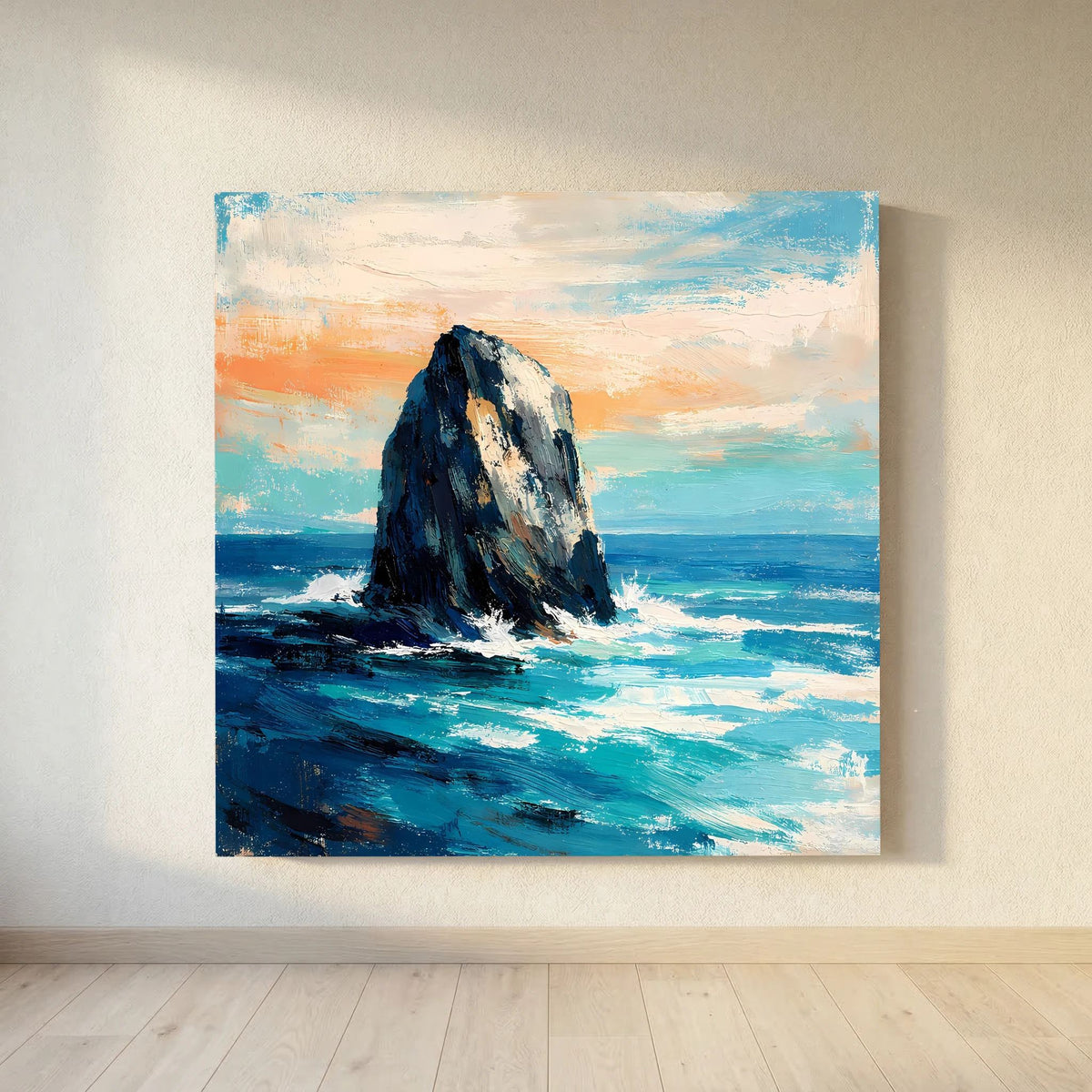 Leinwand-Wandbild: Felsen im Meer mit türkisblauen Wellen und orangefarbenem Abendhimmel
