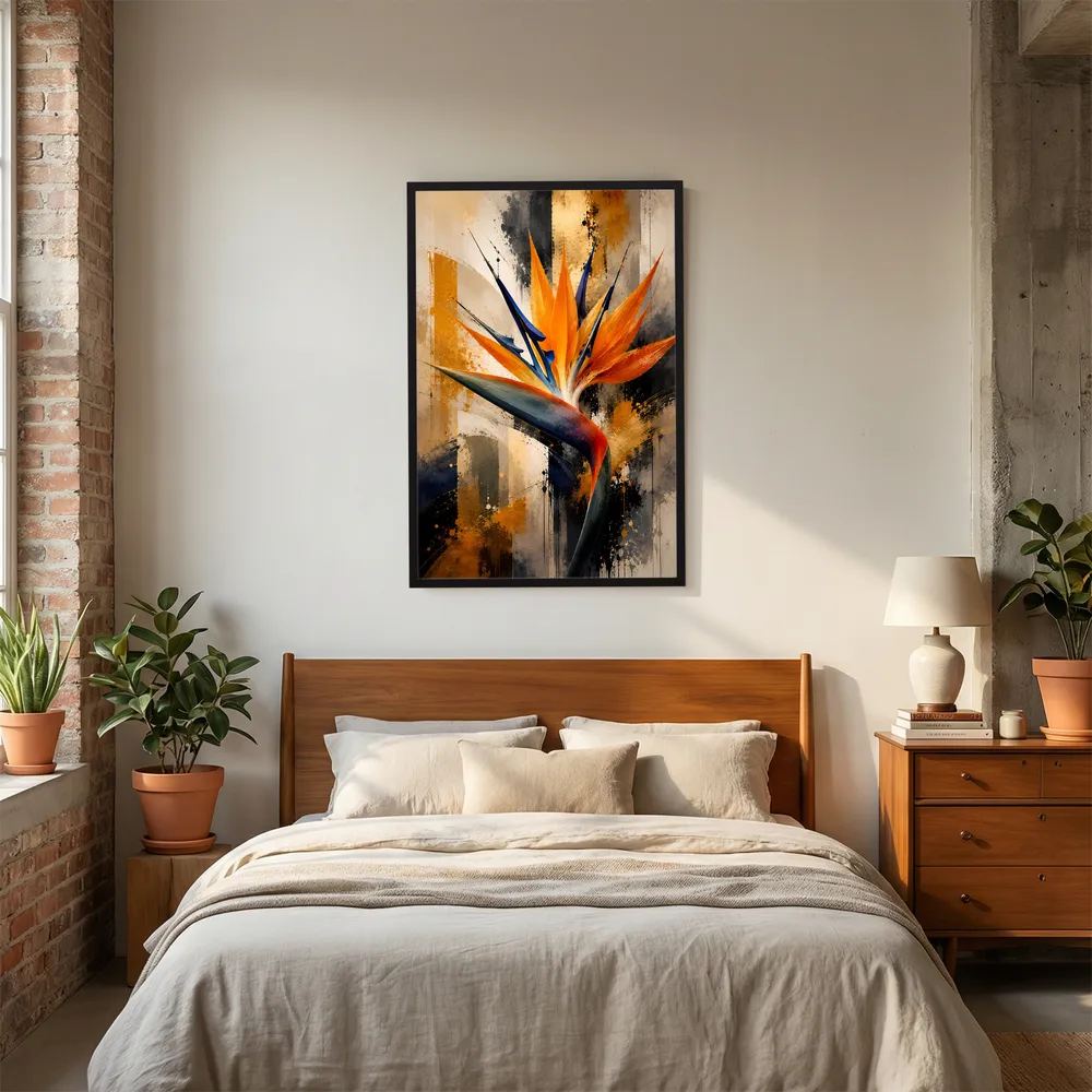 Abstraktes Poster im Hochformat im schwarzen Rahmen: orange-blaue Strelitzie mit goldenen Akzenten