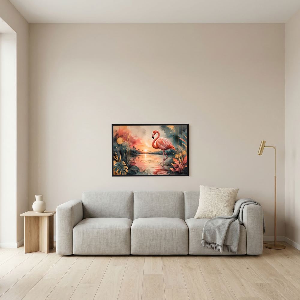 Wandposter mit Flamingo in tropischer Sonnenuntergangslandschaft, schwarzer Rahmen