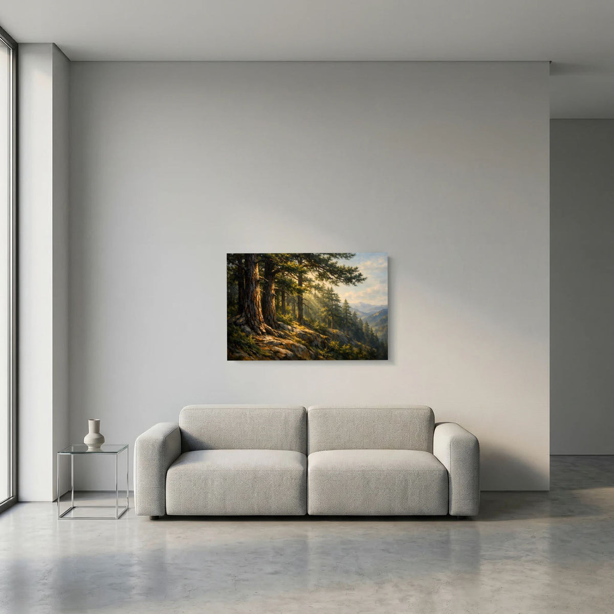 Kleines Wandbild im Querformat: Nadelwald, Berge und goldenes Licht im Himmel