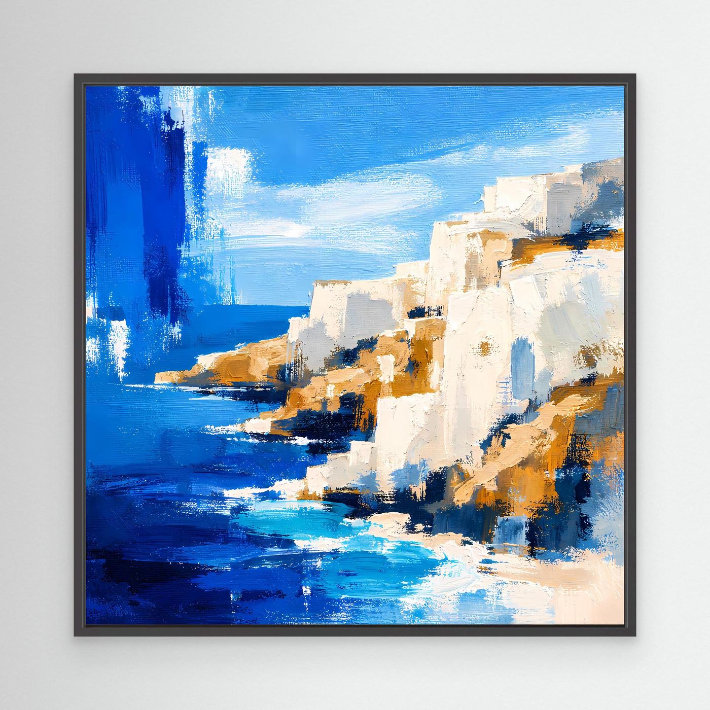 Abstraktes Leinwand-Wandbild mit Küstenmotiv, schwarzer Rahmen, Blau und Weiß, orange Akzente