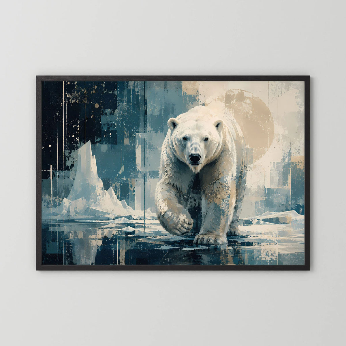 Poster im Querformat mit Eisbär-Motiv, schwarzer Holzrahmen