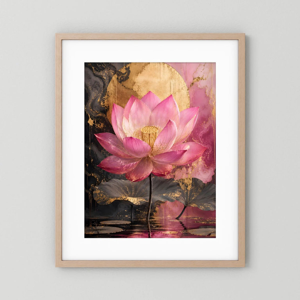 Lotusposter mit rosa Seerose und goldenen Akzenten, helles Holzrahmen-Design
