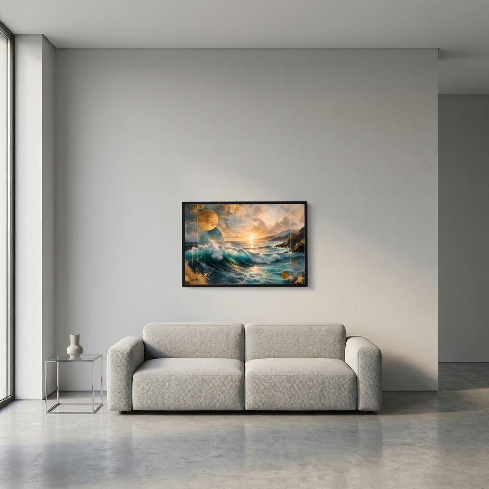 Gerahmtes Poster mit abstrakter Meereswelle bei Sonnenuntergang, Gold- und Blautöne, schwarzer Rahmen