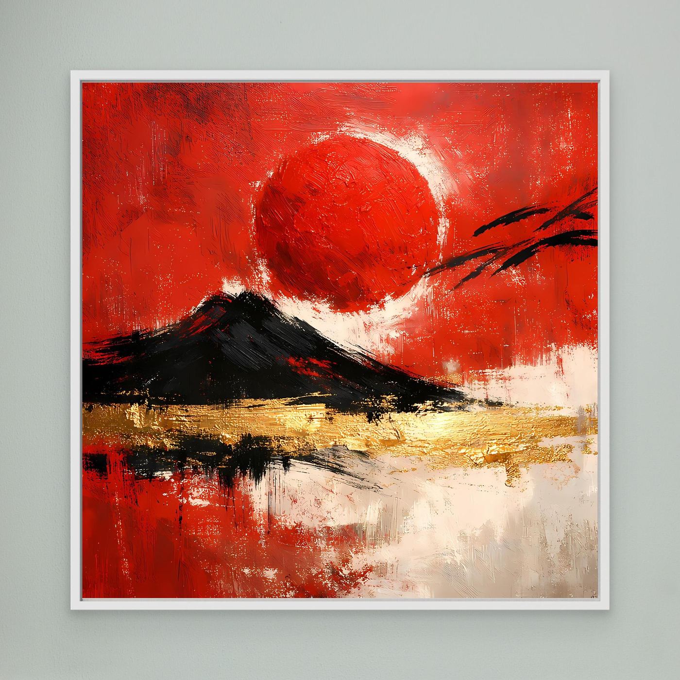 Leinwand Abstraktes Japan Wandbild in Rot und Gold | Modernes Fuji & Rote Sonne Gemälde