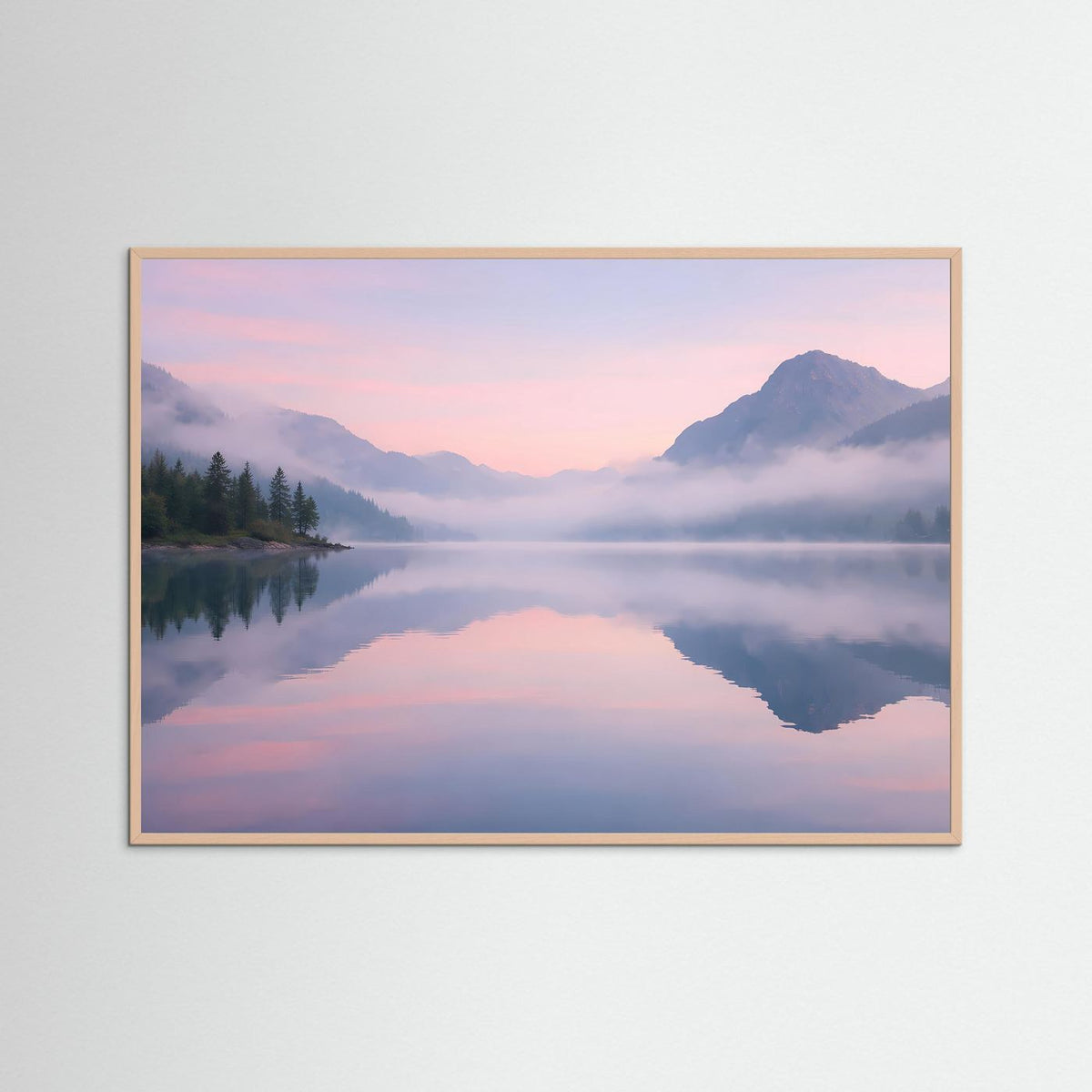 Wandkunst Bergsee-Landschaft im Dämmerlicht mit rosafarbenem Holzrahmen, rosa-blaue Farbtöne
